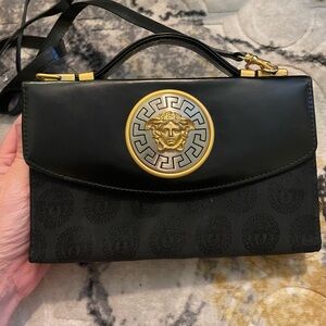 Rare find! Vintage Versace Black Crossbody Bag with Gold Medusa Emblem